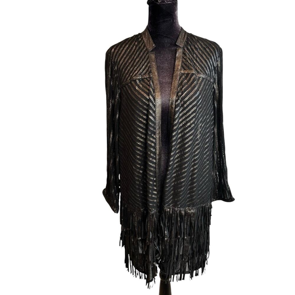 Chicos Jacket Cardigan Sz 1 Black Sheer Fringe Snake Skin Long Sleeve Open Front